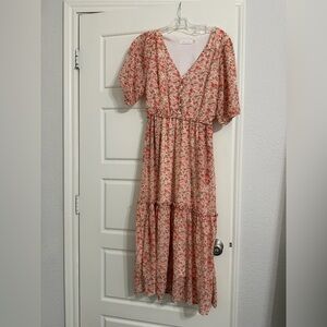 All in Favor Coral/Red/Pink Floral Midi Dress